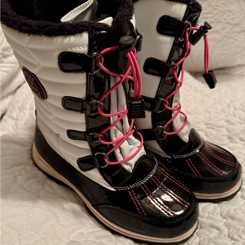 White and Black Winter Boots with Pink Accents